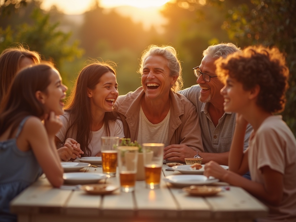 A multigenerational family laughing around a dinner table at sunset