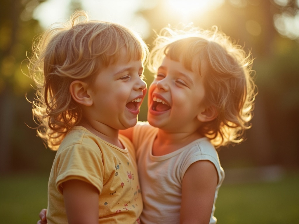 Two young children laughing together in warm evening light