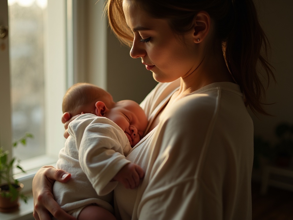 Mother holding her sleeping newborn by a window in soft morning light