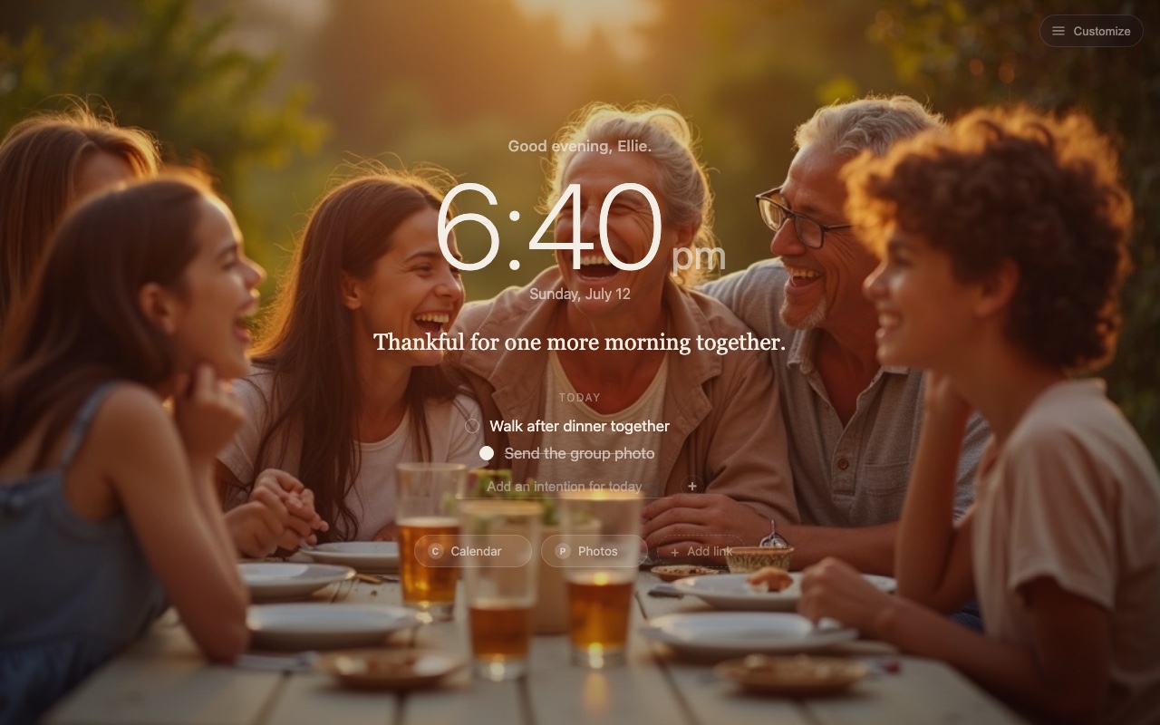 Fondly new tab: a multigenerational family at dinner behind an evening gratitude line