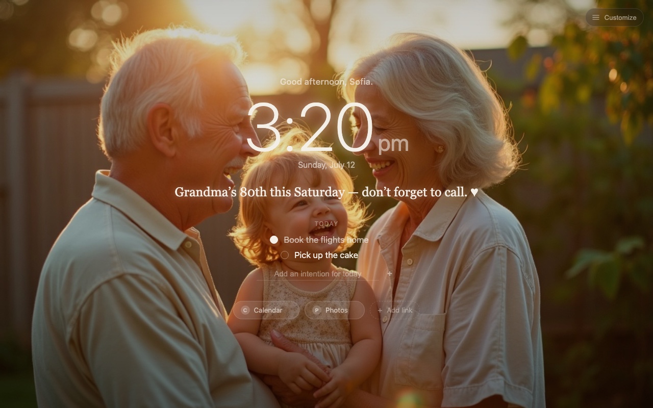 Fondly new tab: grandparents and their grandchild at golden hour behind a personal message reminder