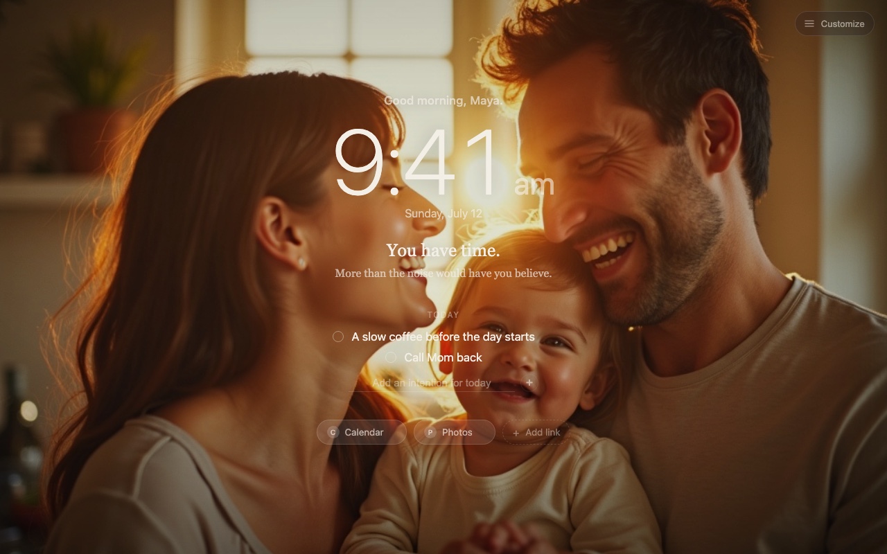 Fondly new tab: a young family fills the screen behind a large clock, a daily line, and today's intentions