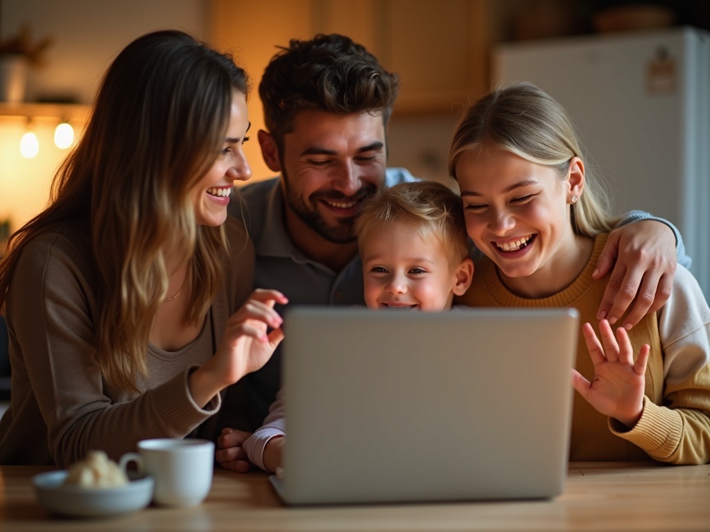 A family gathered around a laptop, laughing and waving on a video call